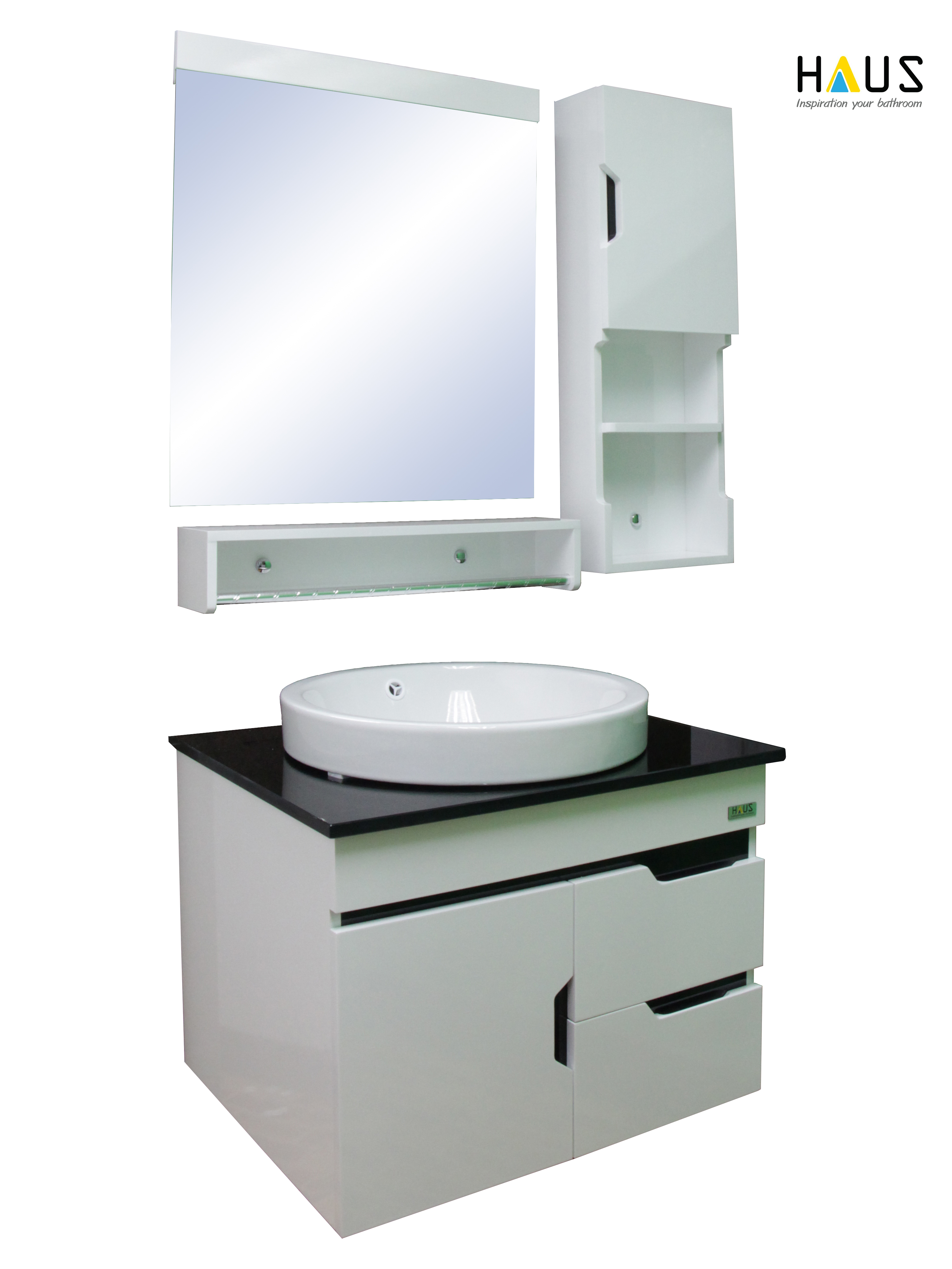 ชุดเคาน์เตอร์ PVC สีขาว-ดำ พร้อมชุดกระจกเงาและตู้ข้าง