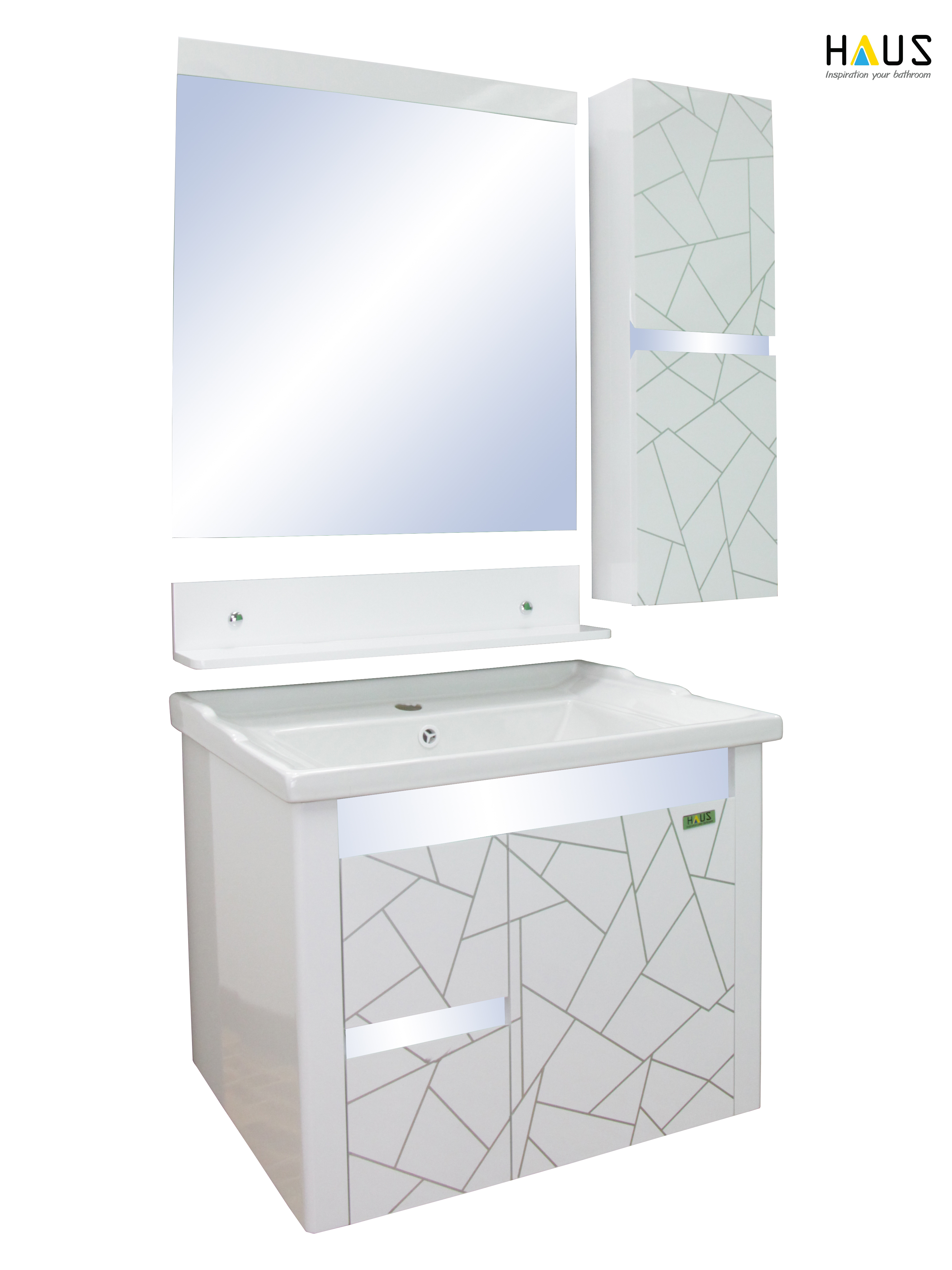 ชุดเคาน์เตอร์ PVC สีขาว-เทา พร้อมชุดกระจกเงาและตู้ข้าง
